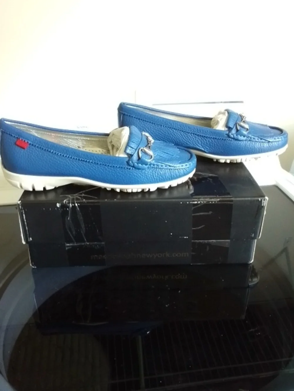 Marc Joseph Royal Blue Leather Kiltie Loafers with Metal Bit Women's